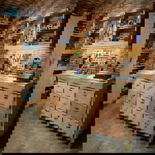 Wooden eucalyptus Top Workbench – Sturdy Tool Cabinet with Multiple Drawers for Organized Storage, Ideal for Dry Indoor Spaces Such as Garages, Workshops, and Studios