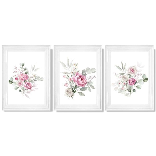 Set of 3 Pink Roses with Eucalyptus Bouquets Framed Art Prints with Glossy White Frames