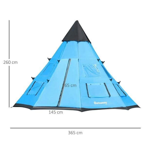 Blue tipi tent with black base, front window panels, and size dimensions