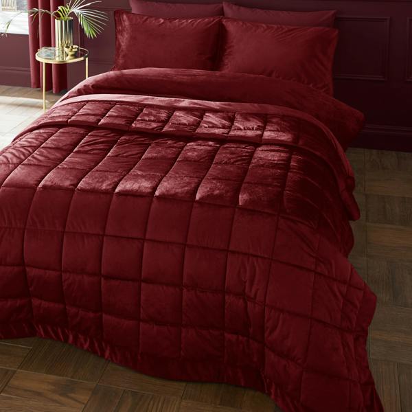 Catherine Lansfield Kingsley Matt Velvet Quilted Bedspread Burgundy