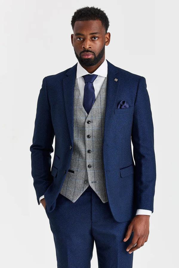 Paul Andrew Arthur Navy Suit with Harris Grey Tweed Waistcoat