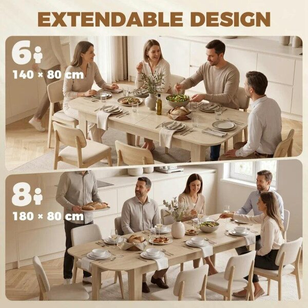 Extendable Oval Dining Table for 4-6, Modern Expandable Kitchen Table, Round Edges, Oak