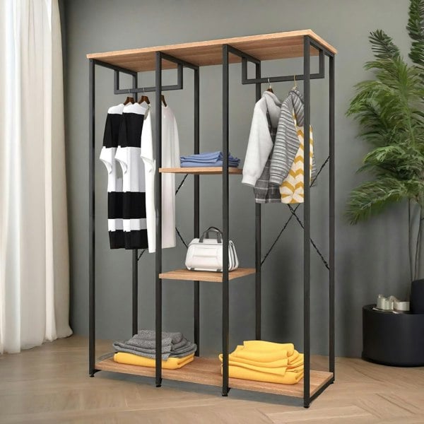 Rafaelo Mobilia Industrial Metal Open Wardrobe With Wooden Shelves