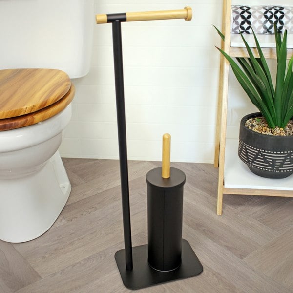 Showerdrape Sonata Black & Bamboo Toilet Roll Holder & Toilet Brush Combination