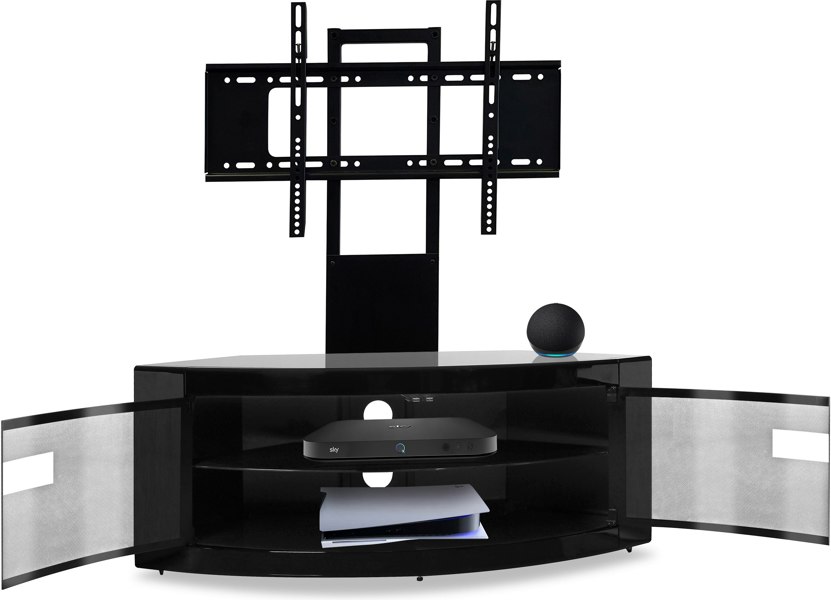 Centurion Supports PANGEA Gloss Black Beam-Thru Curved True-Corner 32"-50" TV Cabinet with Mounting Arm