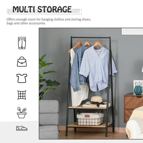 Black metal clothes rack with two wooden shelves and garment hanging bar