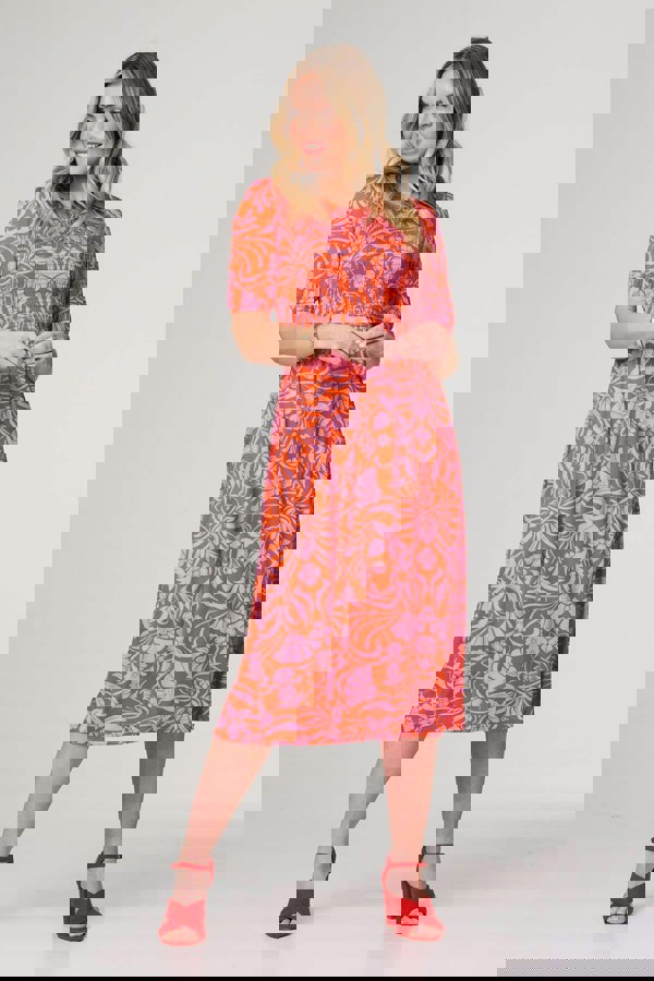 Orange | Floral Smocked Detail Midi Dress