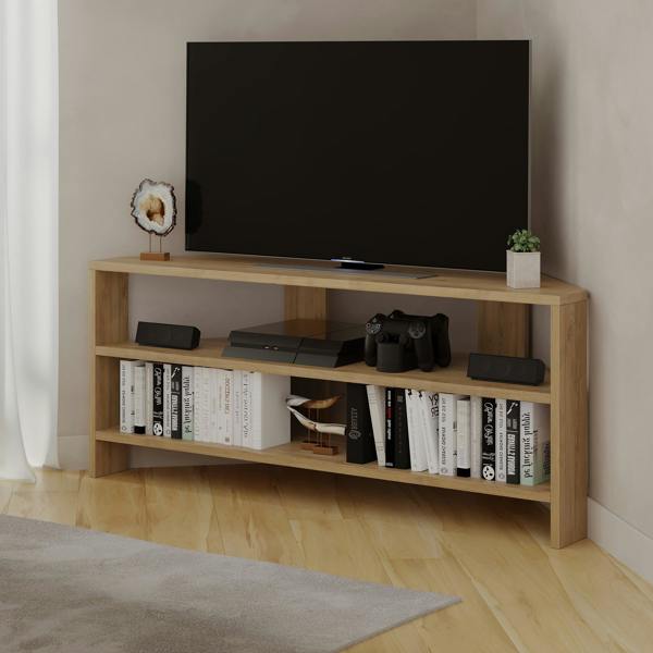 Decortie Thales Corner TV Stand for 32" TVs with Open Shelves & Soft Rounded Edge 110cm Modern Multimedia Console