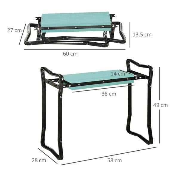 Foldable garden kneeler seat measuring 60 cm long with dark green padded top