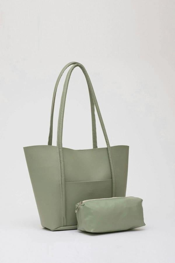 Hoxton Gal Large Faux Leather Tote & Shoulder Bag with Front Pocket, Snap Closure, and Matching Makeup Pouch
