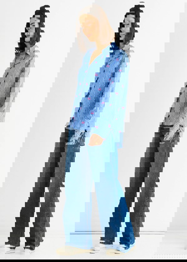 Gini London Blue Bow Embroidered Extreme Cuff Stripe Shirt