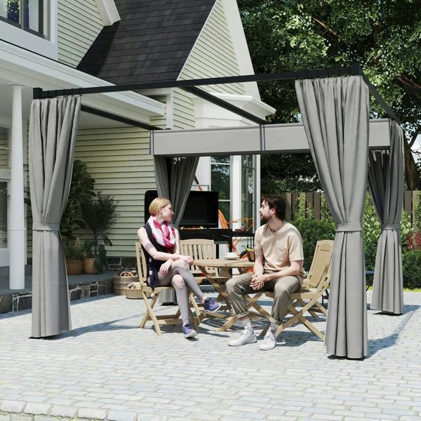 Grey curtained metal pergola over outdoor seating on a paved patio