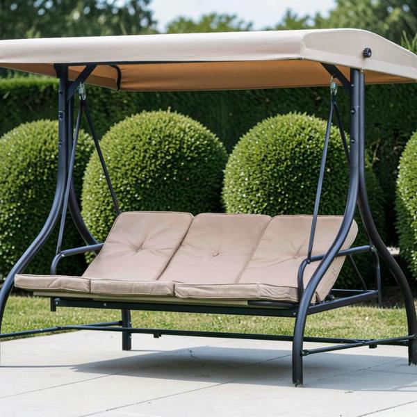 Heavy Duty Garden 3 Seater Swing Seat and Hammock Bed with Canopy, Steel Frame and Textaline Base, Thick Shower Proof Cushions