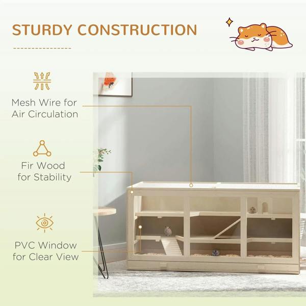Wooden hamster hutch with wire mesh ventilation and clear PVC window panels
