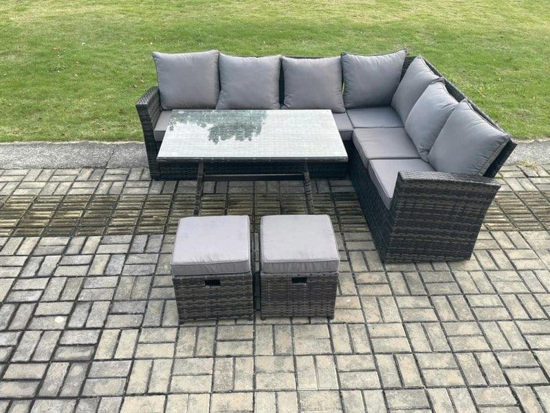 Fimous Outdoor Furniture Garden Dining Set Rattan Corner Sofa Set Rectangular Dining Table with Temper Glass 2 Small Footstools Dark Grey Mixed