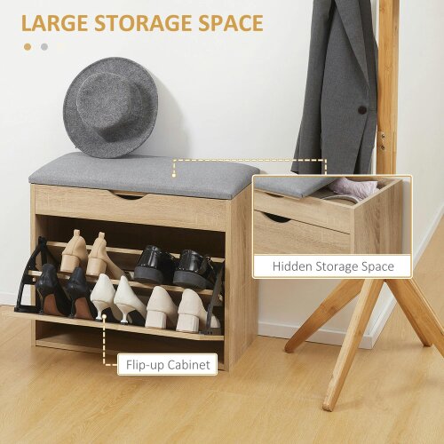 Wyld Haus Zielma Wooden Natural Shoe Bench With Flip Up Storage And Grey Cushioned Seat