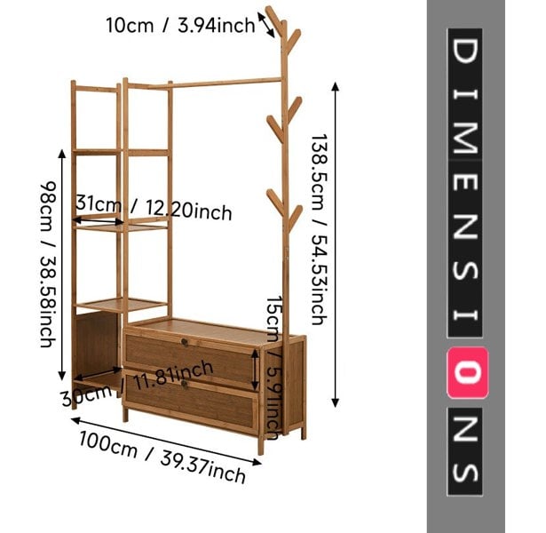 Modcraft Large Heavy Duty Bamboo Clothes Rail Rack with Drawers & Hooks – Open Corner Garment Stand Wardrobe