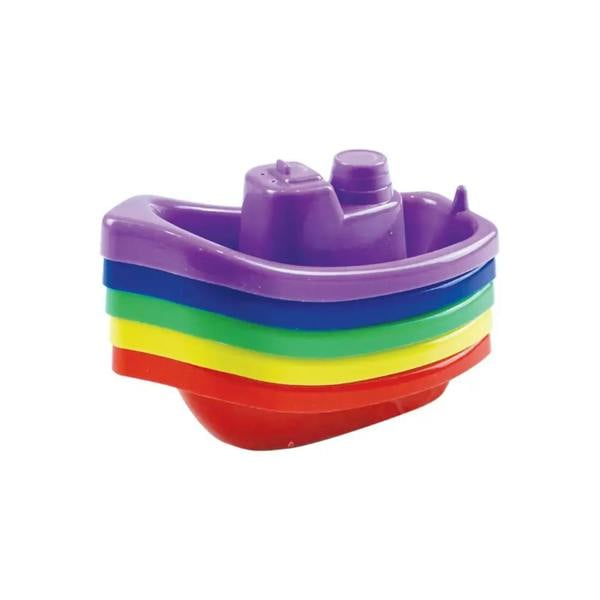 Colorful rainbow-striped HydroKidz baby bathtime boat with purple accents