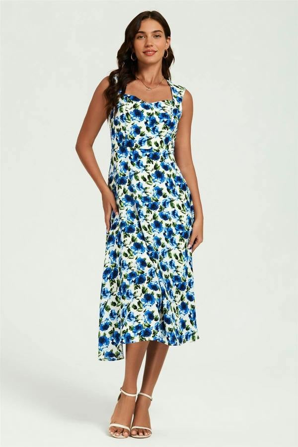 FS Collection Blue Floral Print Heart Neck Midi Dress