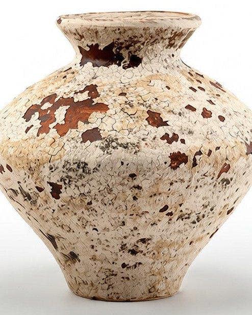 Ancient ceramic vase with brown speckles on a white background