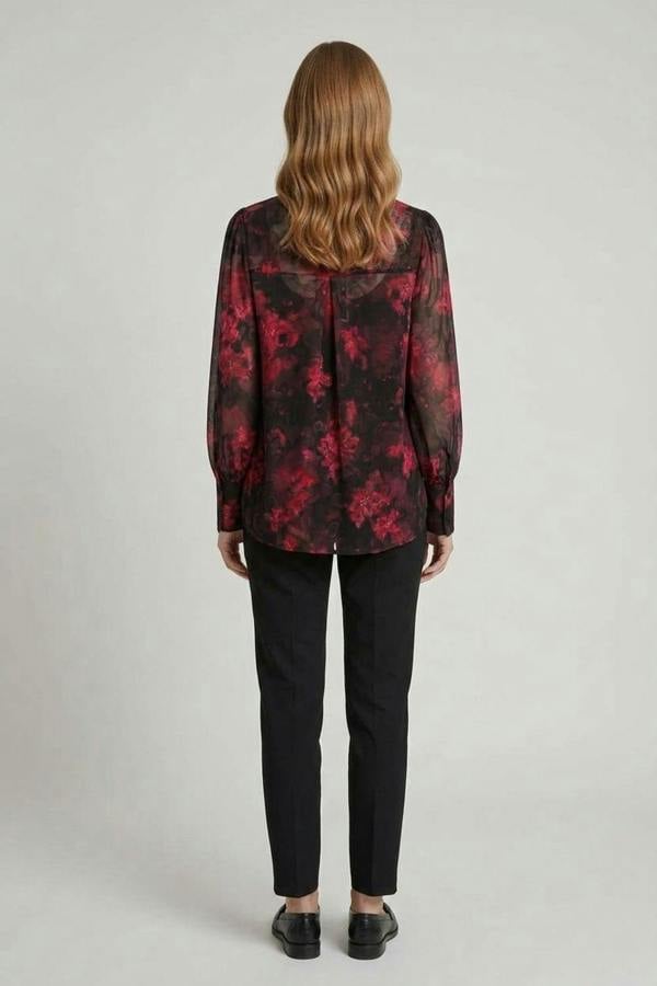 Red | Floral Long Sleeve Curve Hem Shirt