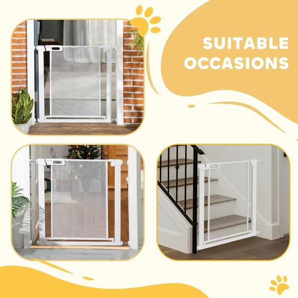 White pet safety gate shown installed for stairs and hallway openings with mesh panel