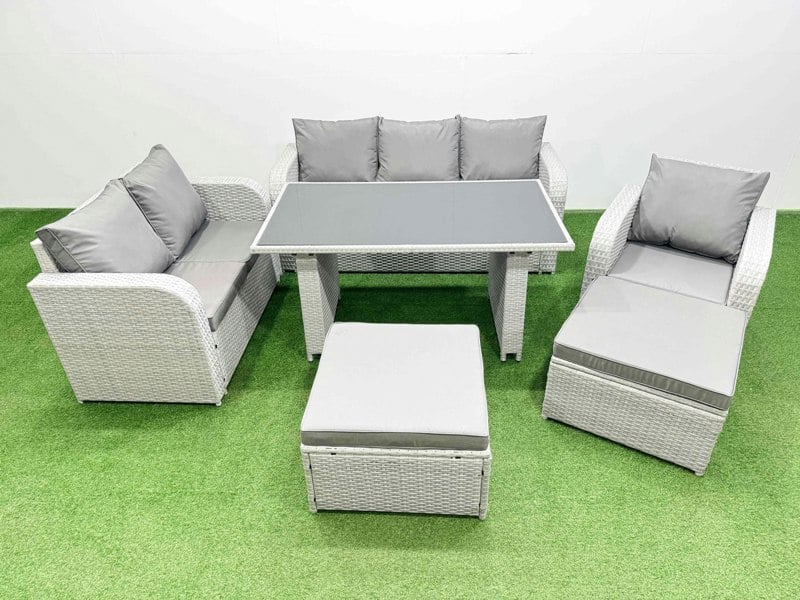 Fimous Rattan Outdoor Table Reclining Chair Sofa Set with 2 Big Stools Light Grey 8 Seater