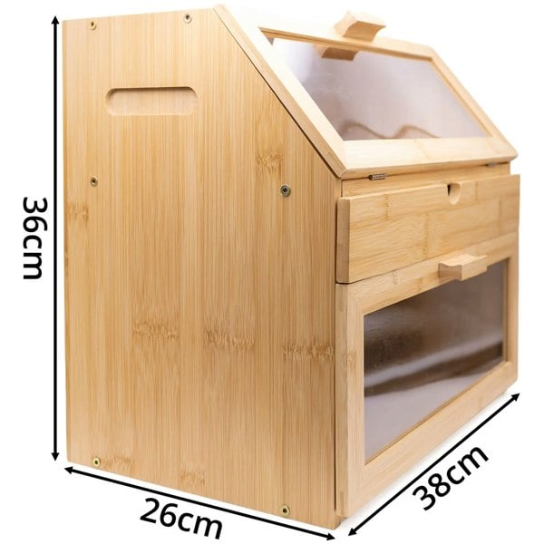 Large Bamboo 3 Compartment Bread Bin Measurements 38cm Length by 26cm Width by 36cm Height