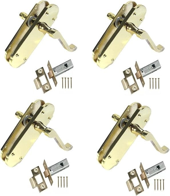EDH Door Hardware Brass Plated Internal Door Handles - Door Handles Internal Sets, Brass Door Handle Set for Internal Doors - 4 PAIR OF HANDLES + TUBULAR LATCH