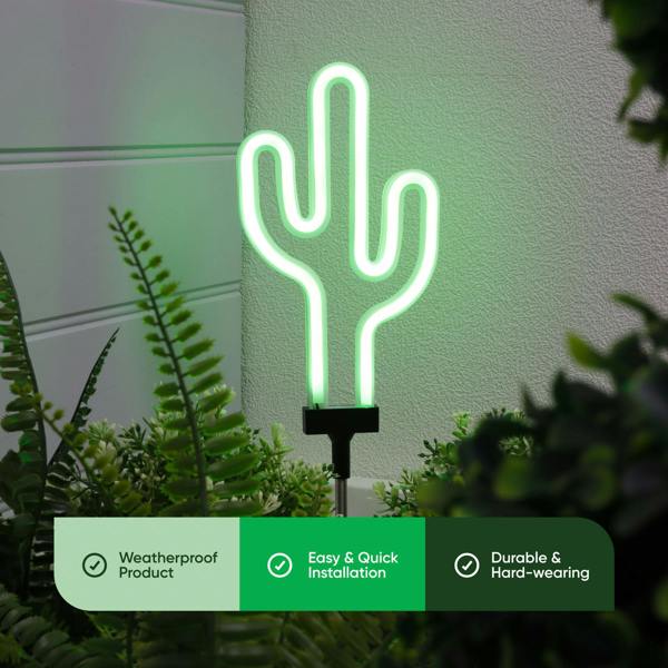 Gardenwize Solar Neon Effect Cactus Stake Light – Green LED Garden Light