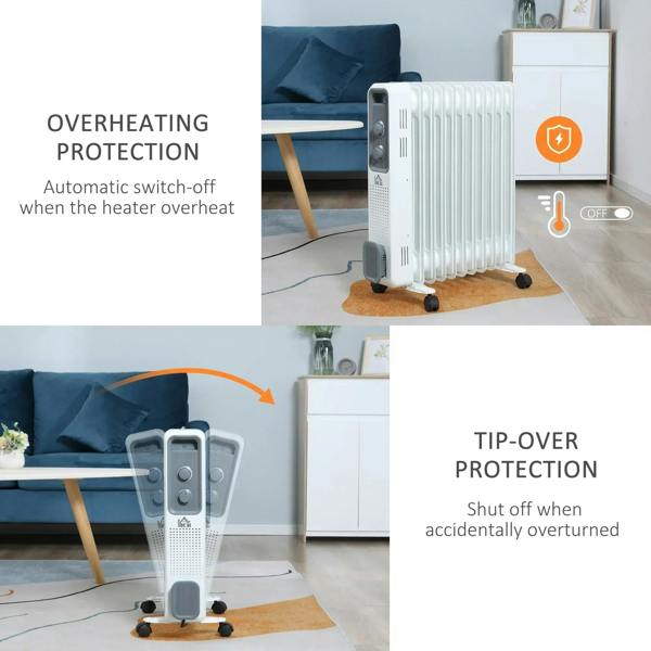 White oil-filled radiator heater with overheat and tip-over protection controls and wheels.