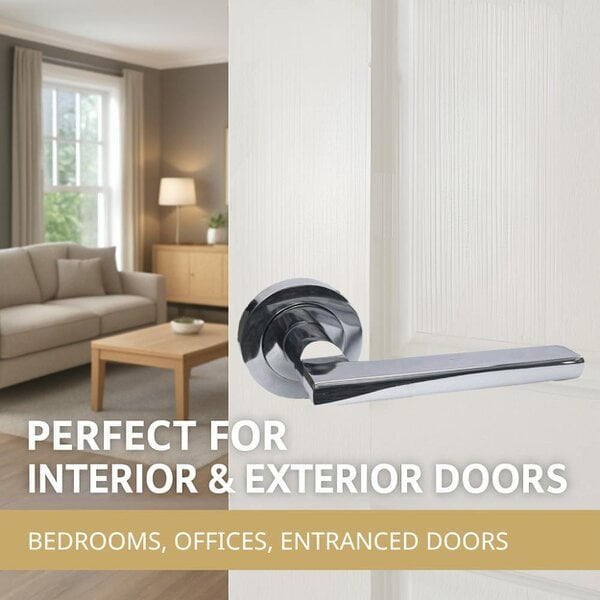 EDH Door Hardware Polished Chrome Modern Lever on Round Rose Door Handles – Handle Only or Handle + Tubular Latch