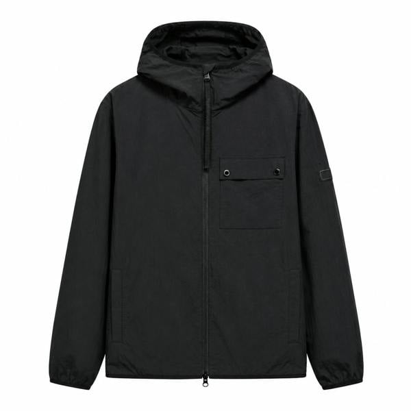 Black Barbour International Dalliston casual hooded jacket with a front zip, chest pocket, and long sleeves.