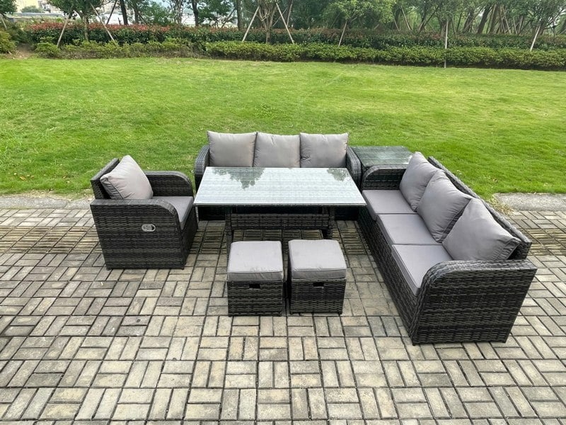 Fimous 9 Seater Dark Grey Mixed Rattan Garden Dining Set - Oblong/Rectangular Table, 3-Seater Sofa & 2 Small Footstools