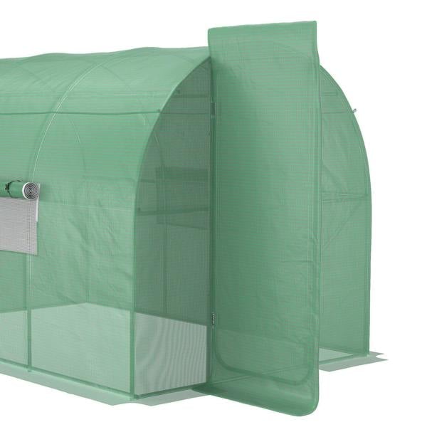 Close-up of green walk-in greenhouse end panel with mesh cover and galvanized metal frame