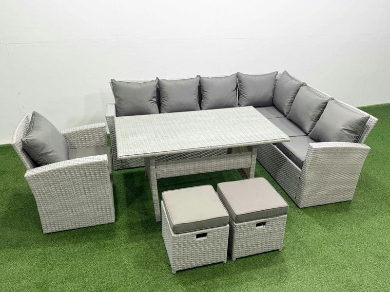 Fimous Rattan Garden Furniture Set Outdoor 9 Seater Patio Dining Corner Sofa Sets with Dining Table Chair 2 Small Footstools Light Grey Mixed