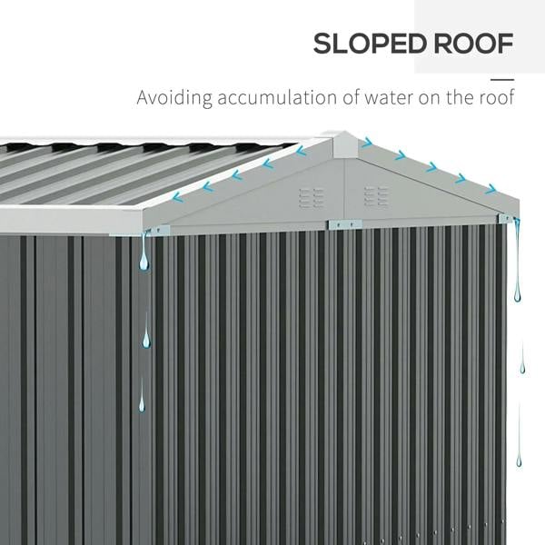 Grey metal shed with sloped roof design for rainwater runoff and drainage