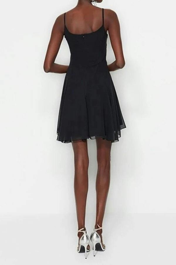 WOVCOR A-Line Accessory Detailed Lined Chiffon Short Flowy Evening Dress