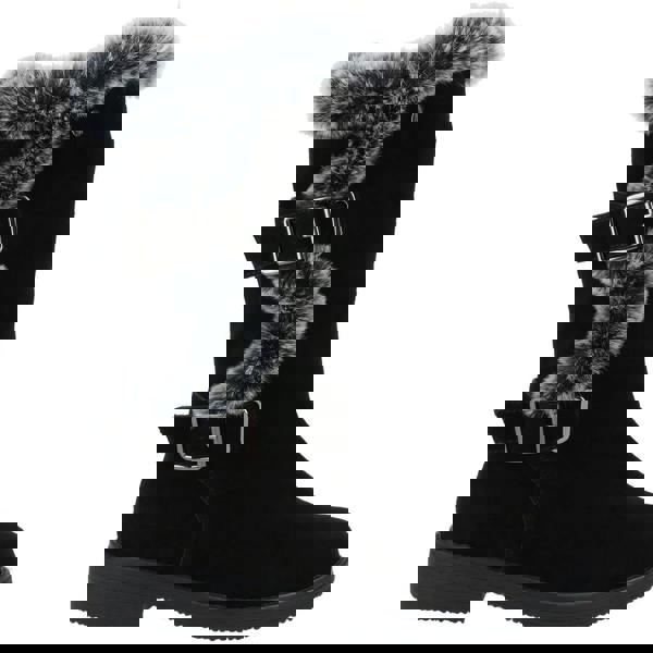 Hush Puppies Megan Womens Tall Hi Zip Up Mid Calf Boots - Wide, black suede winter boots with faux fur trim and decorative buckle straps.