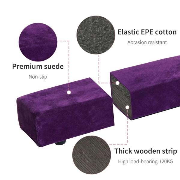 Purple padded balance beam with premium suede-like non-slip surface and thick wooden base.