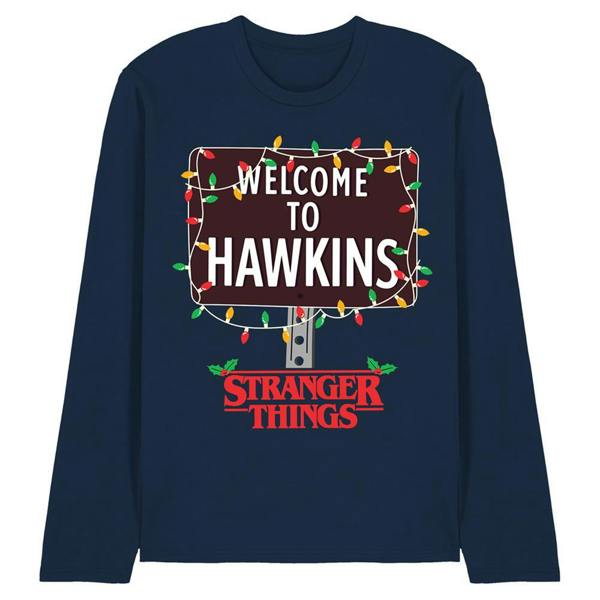 Stranger Things Unisex Adult Welcome To Hawkins Long-Sleeved Christmas T-Shirt - Navy - 
