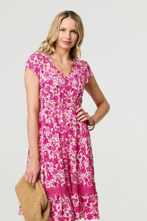 Pink | Floral Cap Sleeve Lace Trim Short Dress
