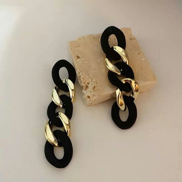 The Colourful Aura Black and Khaki Rubber Chain Tassel Long Drop Punk Dangle Earring - Black - Black