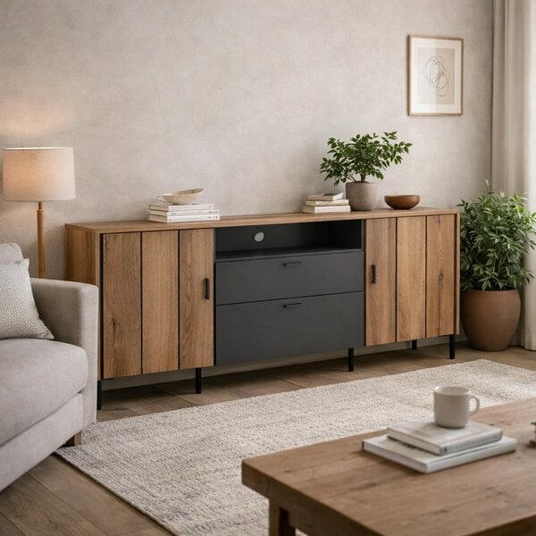 Wyld Haus Nightbloom 158cm Grey and Oak Wood Effect Panelled TV Cabinet 2 Door 2 Drawer