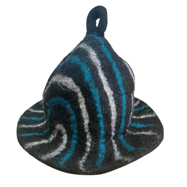 Felted sauna bowl hat in dark with bright blue and white streaks