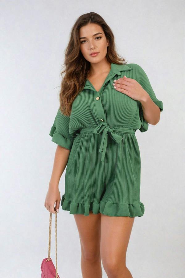 Marissa Pleated Frill Ruffle Tie Waist Playsuit - Green