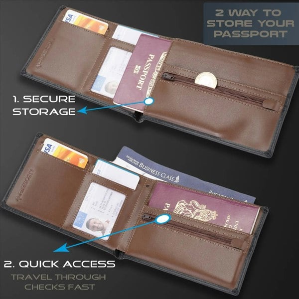 Riseicon® Legacy Travel Passport Wallet Document Organiser - Luxury Leather - Black/Brown