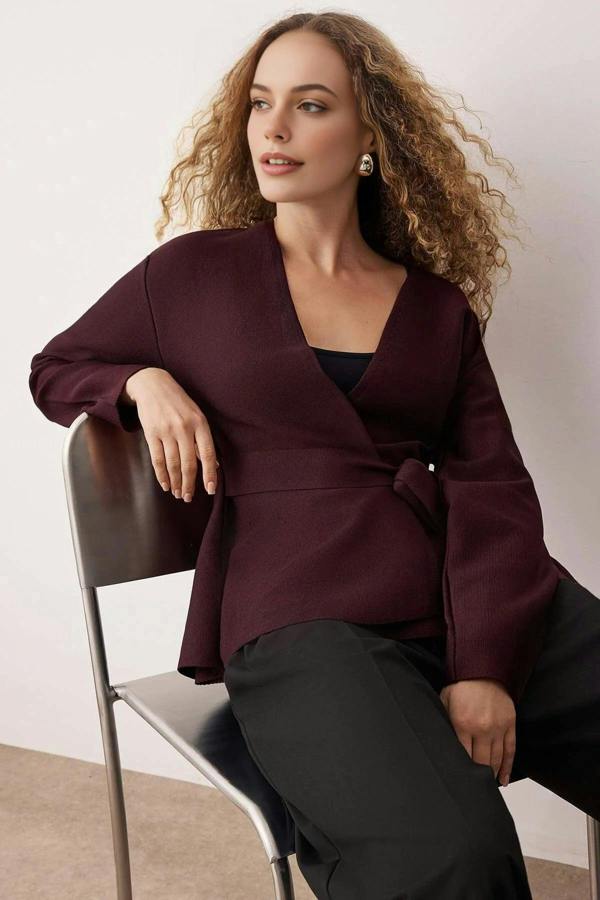 WOVCOR Double-Breasted Knit Cardigan with Tie Detail