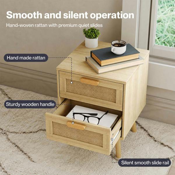 Levede Bedside Table Rattan 2 Pack Drawers Nightstand End Table Bedroom Bamboo