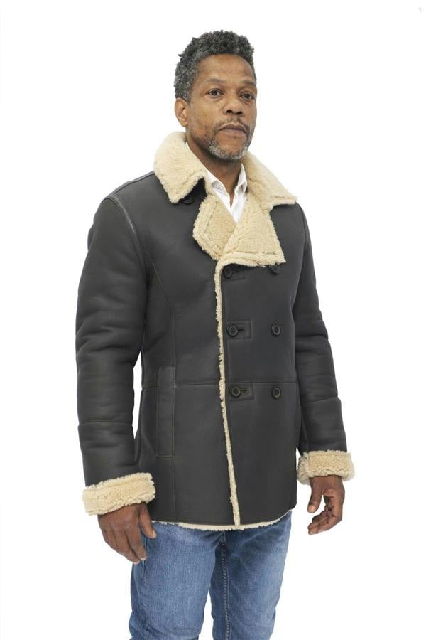 Infinity Leather Mens Double Breasted Shearling Sheepskin Pea Coat-Kington